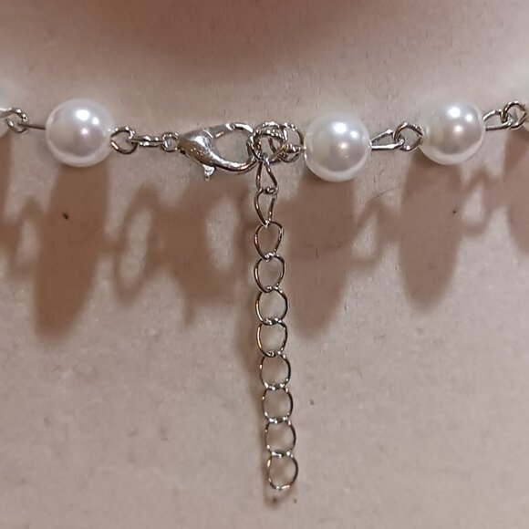 Gothic Punk Cosmic Cross Rosary Layered Choker Silver and White Necklace - Picture 12 of 14